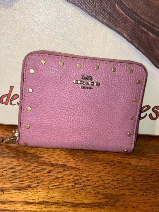Coach Handbags - Coach Pebbled Leather Compact Zip Around Wallet with Gold Stud Accents Pink
